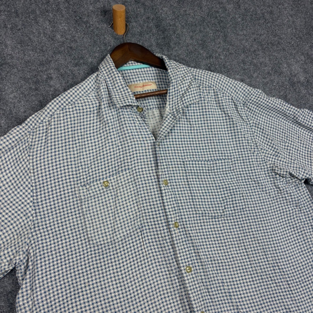 Tommy Bahama Mens XLT Blue Gingham 100% Silk Short Sleeve Button Down Camp Shirt